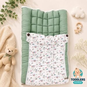 Softnest baby nest cum bed with Muslin fabric and kapok silk  (Ilavampanju) filling ( Olive Green )