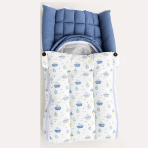Softnest baby nest cum bed with Muslin fabric and kapok (Ilavampanju) silk filling ( Blue Ship )