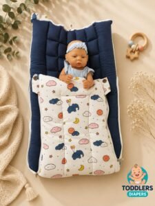 Softnest baby nest cum bed with Muslin fabric and kapok silk  (Ilavampanju) filling ( Blue Elephant )