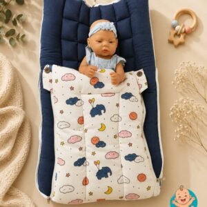 Softnest baby nest cum bed with Muslin fabric and kapok silk  (Ilavampanju) filling ( Blue Elephant )