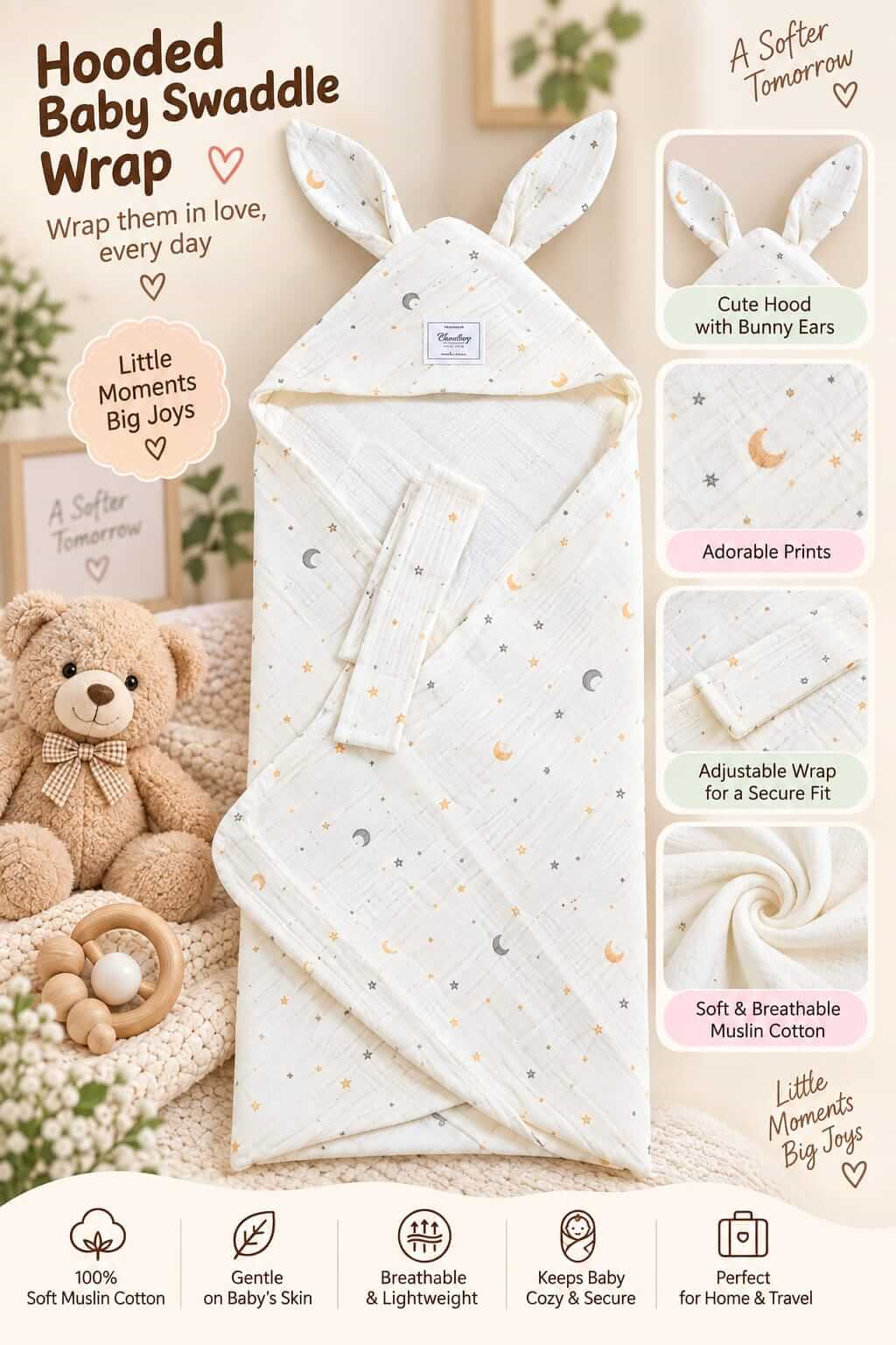 Hooded Swaddle | Baby Wrapper (Moon)