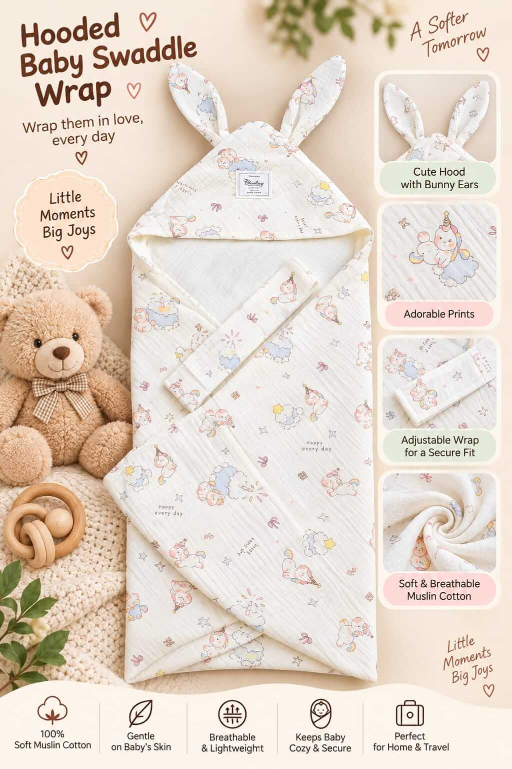 Hooded Swaddle | Baby Wrapper (Happy)