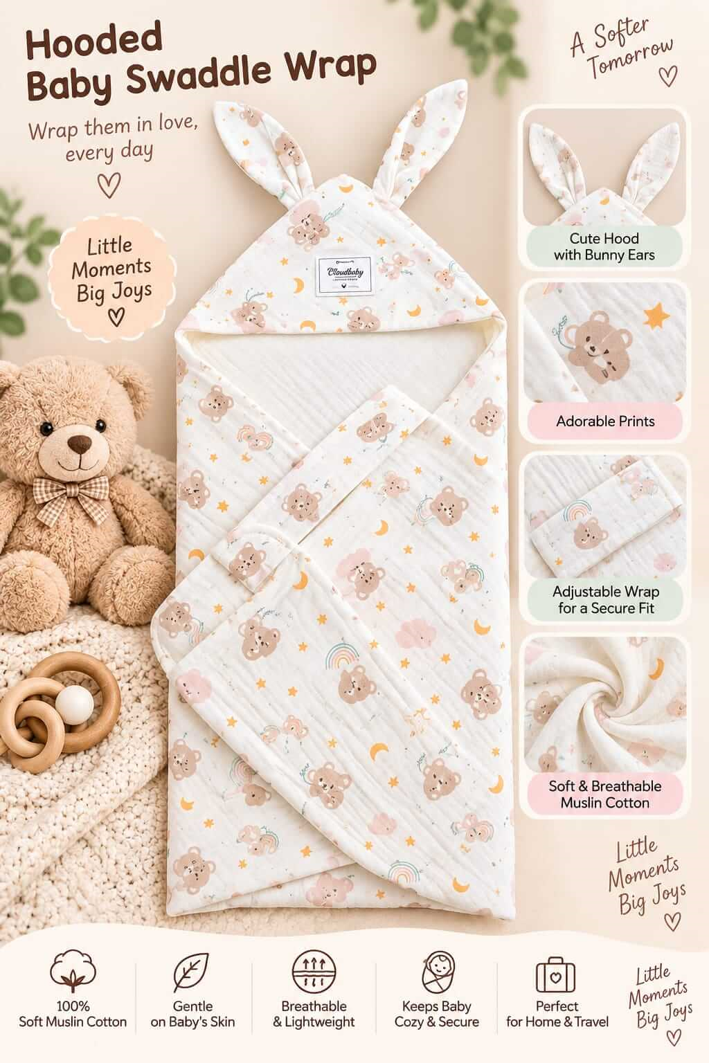 Hooded Swaddle | Baby Wrapper (Pussy)