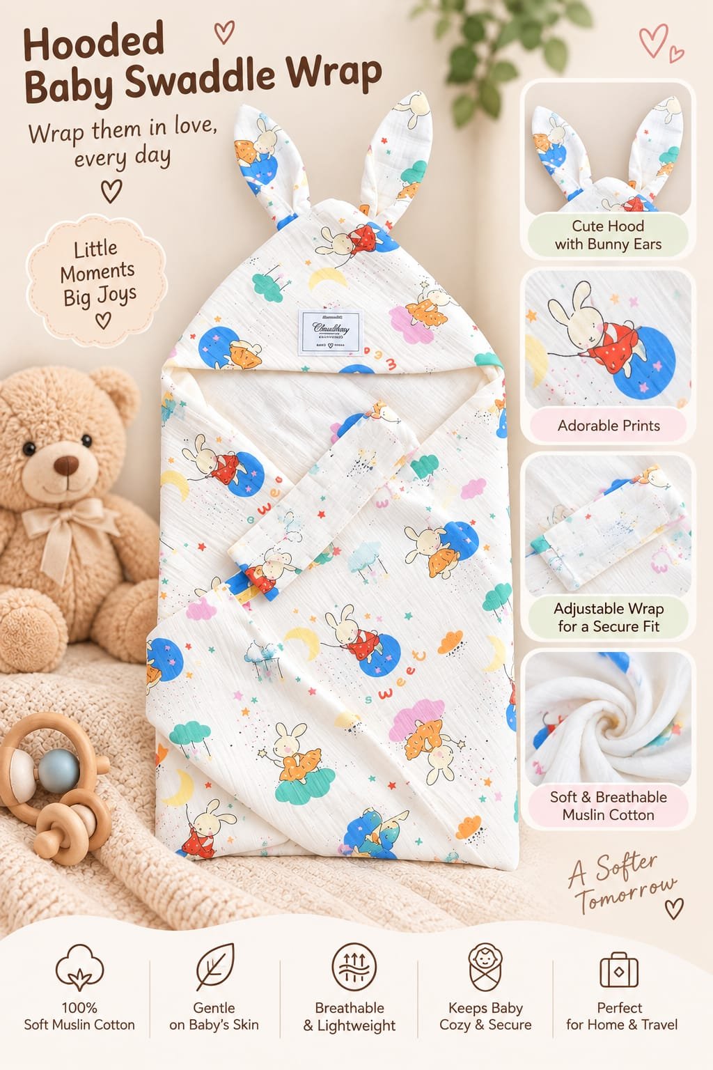 Hooded Swaddle | Baby Wrapper (Sweet)