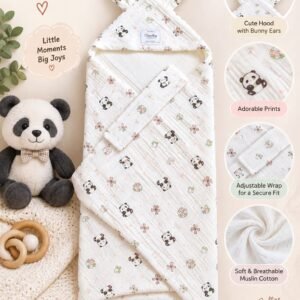 Hooded Baby Swaddle Wrap with Bunny Ears | Soft Breathable Muslin Cotton Baby Wrapper