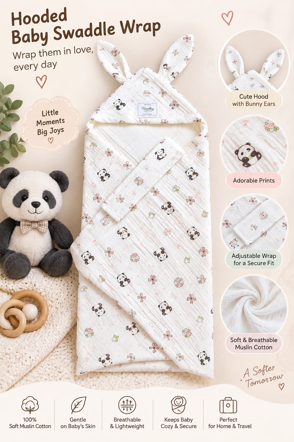 Hooded Baby Swaddle Wrap with Bunny Ears | Soft Breathable Muslin Cotton Baby Wrapper