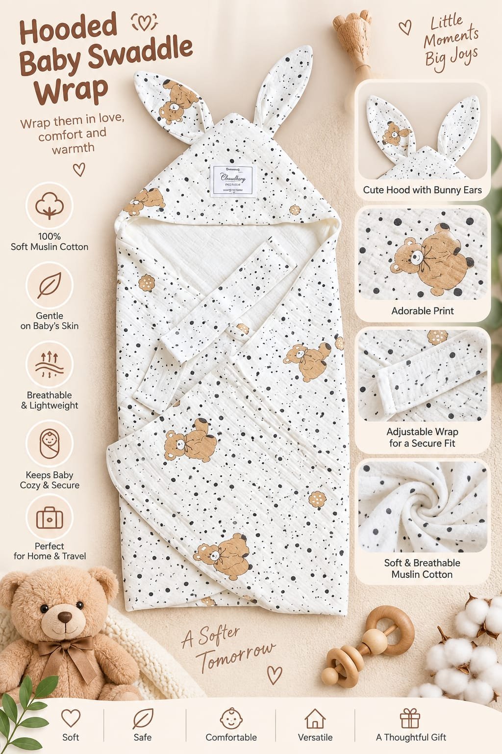 Hooded Swaddle | Baby Wrapper ( Bear)