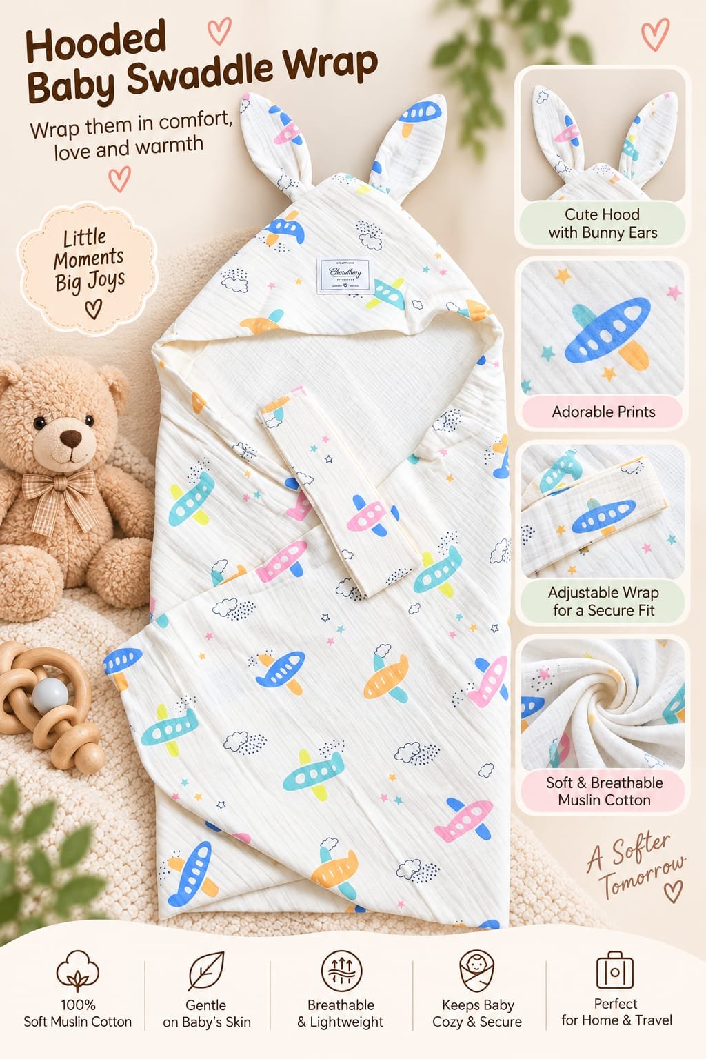 Hooded Swaddle | Baby Wrapper (Plane)